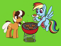Size: 662x498 | Tagged: safe, artist:thebatfang, ponerpics import, rainbow dash, oc, oc:s'mare, earth pony, pegasus, pony, aggie.io, apron, barbeque, burger, clothes, cooking, female, flying, food, grill, hamburger, mare, open mouth, plate, s'mores, smiling, spatula, spread wings, wings