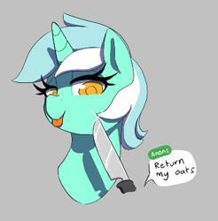 Size: 343x349 | Tagged: safe, artist:thebatfang, ponerpics import, lyra heartstrings, oc, oc:anon, pony, unicorn, aggie.io, female, food, implied anon, knife, l.u.l.s., mare, oats, offscreen character, simple background, smiling, tongue, tongue out