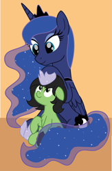 Size: 2713x4167 | Tagged: safe, ponerpics import, princess luna, oc, oc:anon filly, alicorn, earth pony, pony, female, filly, foal, looking at each other, simple background, smiling