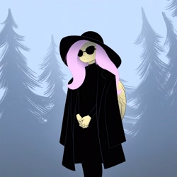 Size: 2048x2048 | Tagged: safe, artist:katputze, derpibooru import, fluttershy, anthro, pegasus, clothes, coat, female, forest, hands together, hat, mare, solo, sunglasses