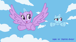 Size: 953x526 | Tagged: safe, artist:pastel-pocky, derpibooru import, rainbow dash, twilight sparkle, twilight sparkle (alicorn), alicorn, pegasus, pony, the cutie re-mark, bald, base, cloud, female, filly, flying, foal, sky