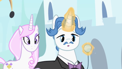 Size: 1280x720 | Tagged: safe, derpibooru import, screencap, fancypants, fleur-de-lis, pony, unicorn, season 2, sweet and elite, bowtie, canterlot, female, glowing, glowing horn, horn, magic, male, mare, monocle, stallion, surprised, telekinesis, wide eyes