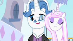 Size: 1280x720 | Tagged: safe, derpibooru import, screencap, fancypants, fleur-de-lis, pony, unicorn, season 2, sweet and elite, bowtie, canterlot, eyes closed, female, male, mare, monocle, nuzzling, stallion