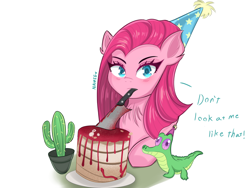 Size: 2048x1536 | Tagged: safe, artist:namieart, derpibooru import, gummy, pinkie pie, earth pony, pony, blood, cactus, chest fluff, hat, knife, looking at you, mouth hold, party hat, pinkamena diane pie, simple background, talking to viewer, white background