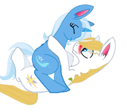 Size: 541x471 | Tagged: safe, artist:decokelow, artist:madzbases, derpibooru import, prince blueblood, trixie, pony, unicorn, bluetrix, blushing, female, male, mare, pounce, requested art, shipping, simple background, smiling, stallion, straight, white background