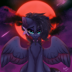 Size: 2255x2257 | Tagged: safe, artist:hydrargyrum, derpibooru import, oc, oc only, oc:kennel nightshade, pegasus, pony, blood moon, chest fluff, collar, detailed background, female, looking at you, mare, moon, sky, stars