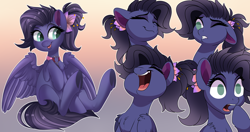 Size: 3800x2000 | Tagged: safe, artist:xvostik, derpibooru import, oc, oc only, oc:kennel nightshade, pegasus, pony, chest fluff, collar, eyebrows, female, flower, flower in hair, gradient background, laughing, mare, no pupils, solo, tongue, tongue out