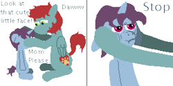 Size: 1500x750 | Tagged: safe, artist:minus, derpibooru exclusive, derpibooru import, oc, oc only, oc:boreal evening, oc:hush muzzle, pegasus, pony, unicorn, adopted offspring, colt, comic, daybreak island, dialogue, duo, female, foal, folded wings, holding head, horn, male, mare, mother and child, mother and son, parent and child, pegasus oc, pixel art, scrunchy face, simple background, sitting, starry eyes, tail, text, transparent background, unamused, unicorn oc, wingding eyes, wings