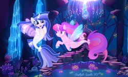 Size: 823x500 | Tagged: safe, artist:starflightsparkleyt, derpibooru import, oc, oc only, alicorn, jellyfish, seapony (g4), base used, blue eyes, clothes, coral, duo, female, fins, fish tail, flowing mane, flowing tail, mare, ocean, pink mane, seaponified, seaquestria, see-through, smiling, species swap, swimming, tail, throne, throne room, underwater, water, wings