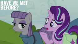 Size: 1280x720 | Tagged: safe, derpibooru import, edit, edited screencap, editor:quoterific, screencap, maud pie, starlight glimmer, earth pony, pony, unicorn, rock solid friendship, season 7, bag, duo, female, mare, open mouth, saddle bag, text