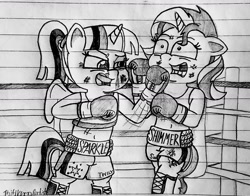 Size: 1280x1006 | Tagged: safe, artist:ct1443ae, derpibooru import, sunset shimmer, twilight sparkle, twilight sparkle (alicorn), alicorn, semi-anthro, unicorn, my little pony: pony life, blood, boxing, boxing gloves, boxing ring, duo, lined paper, pencil drawing, sports, traditional art, uppercut