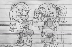 Size: 1280x845 | Tagged: safe, artist:ct1443ae, derpibooru import, applejack, fluttershy, earth pony, pegasus, semi-anthro, my little pony: pony life, badass, boxing, boxing gloves, boxing ring, duo, flutterbadass, lined paper, mouth guard, pencil drawing, punch, sports, traditional art
