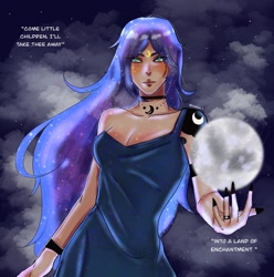 Size: 1440x1449 | Tagged: safe, artist:loona01, derpibooru import, princess luna, human, breasts, children of the night, cleavage, clothes, female, humanized, moon, solo, text