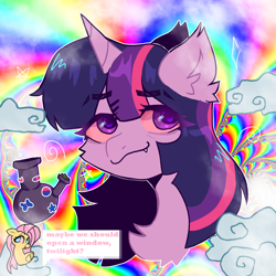 Size: 2000x2000 | Tagged: artist needed, safe, derpibooru import, fluttershy, twilight sparkle, pony, unicorn, anime style, background, big eyes, bong, chest fluff, cloud, cloudy, drugs, ear fluff, ears, eyebrows, eyebrows visible through hair, fangs, female, fluffy, flutterhigh, high, high res, highlight sparkle, highlights, lesbian, marijuana, more than friends, my little pony, rainbow, red eyes, shiny eyes, shipping, smoke, smoking, solo, stoned, stoner, tripping, twishy