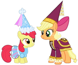 Size: 720x602 | Tagged: safe, artist:darlycatmake, derpibooru import, apple bloom, applejack, earth pony, pony, for whom the sweetie belle toils, look before you sleep, accessory, accessory swap, apple bloom's bow, bow, clothes, dress, dressup, duo, female, filly, foal, froufrou glittery lacy outfit, hair bow, happy, hat, hennin, looking at each other, looking at someone, mare, princess, princess apple bloom, princess applejack, princess costume, princess hat, sibling bonding, siblings, simple background, sisters, smiling, smiling at each other, together, transparent background