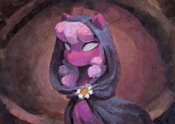 Size: 2480x1754 | Tagged: safe, artist:orchidpony, derpibooru import, cheerilee, earth pony, pony, blank eyes, cloak, clothes, featured image, female, hood, mare, no pupils, solo