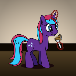 Size: 2048x2048 | Tagged: safe, artist:platinumdrop, derpibooru import, oc, oc only, oc:nara, unicorn, cake, eating, female, food, magic, mare, request, solo, telekinesis