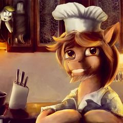 Size: 240x239 | Tagged: safe, artist:stdeadra, derpibooru import, derpy hooves, oc, earth pony, pegasus, pony, clothes, cook, duo, hat, kitchen, kitchen knife, knife, oblomoff, ponified, solo focus