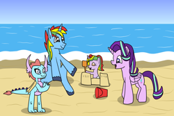 Size: 1280x854 | Tagged: safe, artist:platinumdrop, derpibooru import, starlight glimmer, oc, oc:shield wing, oc:skyress, oc:starling shield, alicorn, dragon, unicorn, alicornified, beach, bucket, canon x oc, female, male, ocean, parents:canon x oc, race swap, request, sand, sandcastle, starlicorn, straight, water, xk-class end-of-the-world scenario