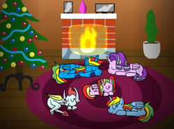 Size: 1036x772 | Tagged: safe, artist:platinumdrop, derpibooru import, starlight glimmer, oc, oc:royal strength, oc:shield wing, oc:skyress, oc:starling shield, alicorn, dragon, pony, alicornified, christmas, christmas tree, fire, fireplace, holiday, race swap, request, sleeping, starlicorn, tree, xk-class end-of-the-world scenario