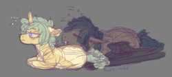 Size: 1081x484 | Tagged: safe, artist:purple-blep, derpibooru import, oc, oc:keylime, oc:neem, bat pony, pegasus, pony, unicorn, butt pillow, sketch, sleeping, tired