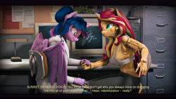 Size: 9600x5400 | Tagged: safe, artist:imafutureguitarhero, derpibooru import, sci-twi, sunset shimmer, twilight sparkle, twilight sparkle (alicorn), alicorn, anthro, classical unicorn, pony, robot, robot pony, unicorn, 3d, :i, absurd file size, absurd resolution, aperture, aperture iris, black bars, breasts, cargo pants, chair, cheek fluff, chromatic aberration, clipboard, clothes, colored eyebrows, colored eyelashes, computer, computer monitor, corkboard, crt monitor, desk, desk lamp, dialogue, duo, ear fluff, ears, female, file cabinet, film grain, fluffy, fluffy mane, freckles, glasses, glasses off, glowing, glowing eyes, grin, holding hands, horn, implied transformation, jeans, keyboard, lab coat, leonine tail, lesbian, long hair, long mane, long nails, looking at someone, looking at something, mare, monitor, multicolored hair, multicolored mane, office chair, painting, paintover, pants, paper, pen, peppered bacon, raised eyebrow, revamped anthros, revamped ponies, roboticization, scitwilicorn, scitwishimmer, shimmerbot, shipping, sideboob, signature, sitting, smiling, source filmmaker, story included, studying, subtitles, sunset shimmer is not amused, sunsetsparkle, tail, tail fluff, tanktop, text, torn clothes, unamused, varying degrees of amusement, vulgar description, wall of tags, wings, writing