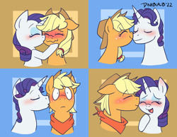 Size: 1800x1400 | Tagged: safe, artist:dimbulb, derpibooru import, applejack, applejack (male), elusive, rarity, earth pony, pony, unicorn, applelusive (gay), applelusive (straight), bandana, blushing, female, gay, half r63 shipping, kiss on the cheek, kissing, lesbian, male, rarijack, rarijack (straight), rule 63, shipping, straight