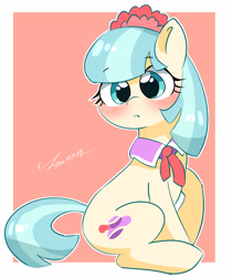 Size: 2171x2579 | Tagged: safe, artist:leo19969525, derpibooru import, coco pommel, earth pony, pony, blushing, cocobetes, cute, female, looking at you, mare, simple background, sitting, solo, white background