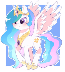 Size: 2612x2876 | Tagged: safe, artist:leo19969525, derpibooru import, princess celestia, alicorn, pony, female, horn, jewelry, mare, regalia, simple background, smiling, solo, spread wings, white background, wings