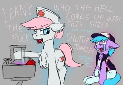 Size: 991x687 | Tagged: safe, artist:reddthebat, derpibooru import, azure velour, nurse redheart, earth pony, pony, chest fluff, cutie mark, dialogue, hat, implied drug use, nurse hat, sink, solo, tail