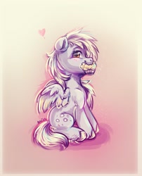 Size: 941x1164 | Tagged: safe, artist:avui, derpibooru import, derpy hooves, pegasus, pony, abstract background, floating heart, food, heart, muffin, solo