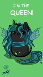 Size: 1080x1920 | Tagged: safe, artist:stainedglasslighthea, derpibooru import, queen chrysalis, changeling, changeling queen, :i, beady eyes, bean pony, cute, cutealis, female, green background, phone wallpaper, potato pony, simple background, solo, wallpaper