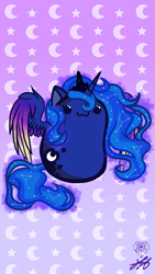 Size: 1080x1920 | Tagged: safe, artist:stainedglasslighthea, derpibooru import, princess luna, alicorn, pony, :3, abstract background, beady eyes, bean pony, chibi, colored wings, colored wingtips, constellation, crown, cute, female, jewelry, limbless, lunabetes, mare, phone wallpaper, potato pony, regalia, smiling, solo, spread wings, wallpaper, wings