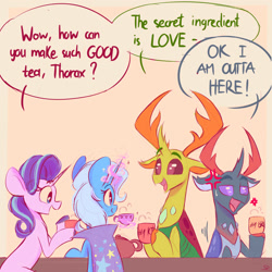 Size: 2000x2000 | Tagged: safe, artist:scribble-potato, derpibooru import, pharynx, starlight glimmer, thorax, trixie, changedling, changeling, pony, unicorn, brothers, changedling brothers, cup, dialogue, female, food, king thorax, mare, prince pharynx, siblings, tea, teacup, teapot