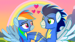 Size: 1280x720 | Tagged: safe, artist:mlplary6, derpibooru import, rainbow dash, soarin', pegasus, pony, female, heart, holding hooves, looking at each other, looking at someone, male, mare, rainbow, shipping, smiling, smiling at each other, soarindash, stallion, straight, sunset