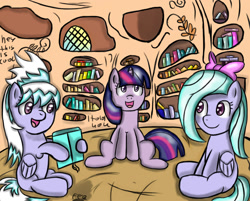 Size: 1120x900 | Tagged: safe, artist:freefraq, derpibooru import, cloudchaser, flitter, twilight sparkle, unicorn twilight, pegasus, pony, unicorn, ask-flitter, book, female, golden oaks library, trio