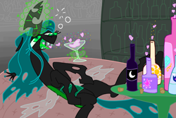 Size: 3000x2000 | Tagged: safe, artist:ja0822ck, derpibooru import, princess cadance, princess celestia, queen chrysalis, changeling, changeling queen, canterlot wedding 10th anniversary, alcohol, bottle, cocktail, cocktail glass, cork, crown, drink, drunk, faic, female, heart, implied princess cadance, implied princess celestia, implied princess luna, implied shining armor, implied twilight sparkle, jewelry, lying down, magic, on back, open mouth, open smile, regalia, smiling, solo, telekinesis
