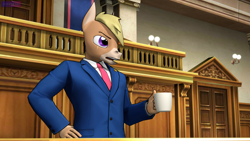 Size: 3840x2160 | Tagged: safe, artist:antonsfms, derpibooru import, oc, oc only, oc:nickyequeen, anthro, donkey, 3d, ace attorney, alternate universe, anthro oc, badge, banner, clothes, commission, commissioner:nickyequeen, court, courtroom, crossover, cup, desk, donkey oc, drinking, formal attire, formal wear, high res, image set, male, necktie, open mouth, phoenix wright, solo, source filmmaker, suit