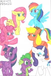 Size: 1203x1781 | Tagged: safe, artist:cmara, derpibooru import, applejack, fluttershy, pinkie pie, rainbow dash, rarity, spike, twilight sparkle, twilight sparkle (alicorn), alicorn, dragon, female, male, shipping, sparity, straight, traditional art, winged spike, wings