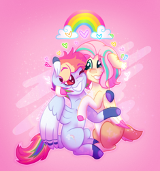 Size: 668x711 | Tagged: safe, artist:moonlightdisney5, derpibooru import, fluttershy, rainbow dash, deer, deer pony, original species, pegasus, pony, blushing, chest fluff, colored hooves, cute, cutie mark, dashabetes, dtiys, ears, female, floppy ears, flutterdash, freckles, heart, height difference, holding a pony, hug, lesbian, looking at each other, looking at someone, mare, redesign, shipping, shyabetes, sitting, smiling, tallershy, wings