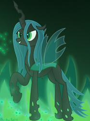 Size: 3016x4032 | Tagged: safe, artist:rainbowšpekgs, derpibooru import, queen chrysalis, changeling, changeling queen, canterlot wedding 10th anniversary, evil, female, fire, green eyes, green fire, grin, pose, raised hoof, raised leg, smiling, solo, standing