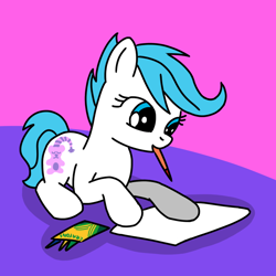 Size: 768x768 | Tagged: safe, artist:danielthebrony57, derpibooru import, earth pony, pony, g1, g4, baby, baby pony, baby sleepy pie, crayola, crayon, crayons, cute, drawing, female, filly, foal, g1 to g4, generation leap, living room, lying down, mouth hold, paper, prone, sleepydorable, solo, that was fast