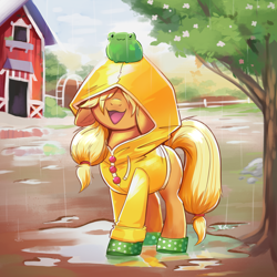 Size: 4000x4000 | Tagged: safe, artist:confetticakez, derpibooru import, applejack, earth pony, frog, pony, barn, boots, clothes, cute, female, filly, filly applejack, foal, hair over eyes, jackabetes, mare, missing cutie mark, on head, open mouth, puddle, rain, raincoat, shoes, silly, silly pony, solo, tree, wellington boots, wet, wet mane, who's a silly pony, younger