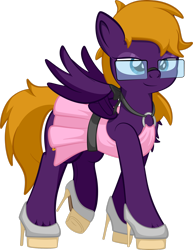 Size: 1920x2489 | Tagged: safe, artist:alexdti, derpibooru import, oc, oc only, oc:purple creativity, pegasus, pony, clothes, dress, eyeshadow, female, full body, glasses, high heels, high res, hoof shoes, hooves, lidded eyes, makeup, mare, partially open wings, pegasus oc, raised leg, shoes, simple background, smiling, solo, tail, transparent background, wings