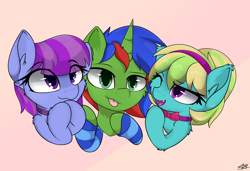 Size: 3500x2400 | Tagged: safe, artist:starmaster, derpibooru import, oc, oc only, oc:christian clefnote, oc:eminence bloom, oc:lutecia, bat pony, pegasus, pony, unicorn, :p, commission, female, horn, looking at you, open mouth, smiling, tongue, tongue out