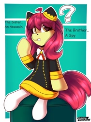 Size: 1500x2000 | Tagged: safe, artist:shadowreindeer, derpibooru import, apple bloom, earth pony, pony, anime, anya forger, clothes, cosplay, costume, crossover, implied applejack, implied big macintosh, question mark, spy x family