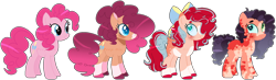 Size: 1446x423 | Tagged: safe, artist:edgeyboiss, artist:peep-dis, artist:selenaede, derpibooru import, pinkie pie, earth pony, pony, alternate hairstyle, art evolution, base used, bow, coat markings, comparison, female, hair bow, mare, redesign, simple background, solo, transparent background, unshorn fetlocks