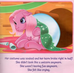 Size: 3276x3224 | Tagged: safe, artist:carlo loraso, derpibooru import, pinkie pie, pinkie pie (g3), g3, book, book:pony party, broken, clothes, context is for the weak, cosplay, costume, horn, official, out of context, pony party, sad, table, wet, wet mane