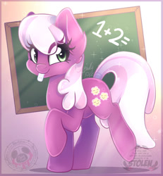 Size: 1024x1109 | Tagged: safe, artist:bloody-pink, derpibooru import, cheerilee, earth pony, pony, chalk, chalkboard, cheeribetes, cute, ear fluff, ears, eye clipping through hair, female, hooves, mare, math, mouth hold, raised hoof, raised leg, shadow, smiling, solo, tail, watermark