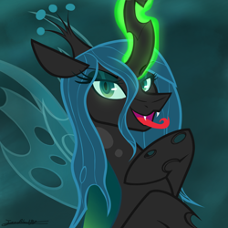 Size: 2764x2769 | Tagged: safe, artist:janeblood969, derpibooru import, queen chrysalis, changeling, changeling queen, canterlot wedding 10th anniversary, crown, eyelashes, eyeshadow, fangs, female, glowing, glowing eyes, glowing horn, horn, insect wings, jewelry, looking at you, makeup, regalia, simple background, smiling, smiling at you, smirk, tongue, tongue out, wings